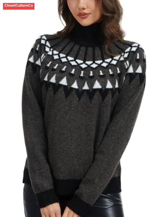 Sweaters - Womens Fair Isle Turtleneck Pullover Sweater Oversized Knit Long Sleeve